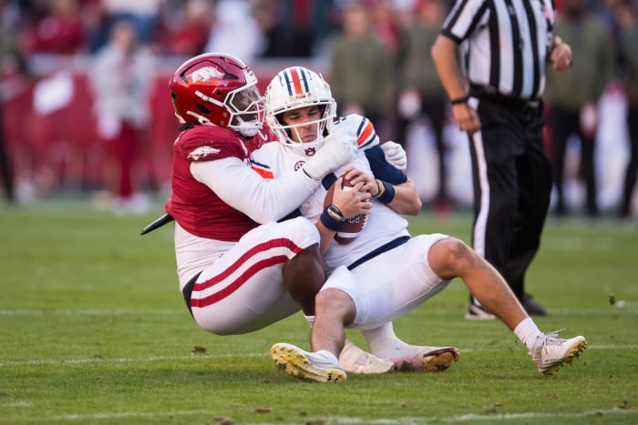 Arkansas defensive end Trajan Jeffcoat could bring an athletic presence to the Las Vegas Raiders' pass-rush unit.